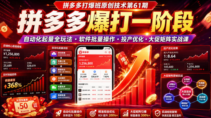 拼多多打爆班原创技术第61期，拼多多爆打一阶段，自动化起量全玩法・软件批量操作・投产优化・大促矩阵实战课-智云网