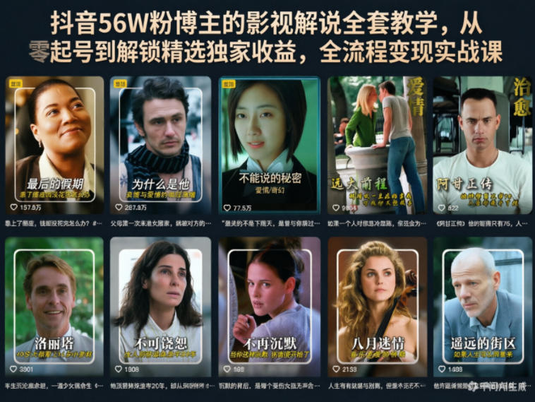抖音56W粉博主的影视解说全套教学，从零起号到解锁精选独家收益，全流程变现实战课-智云网