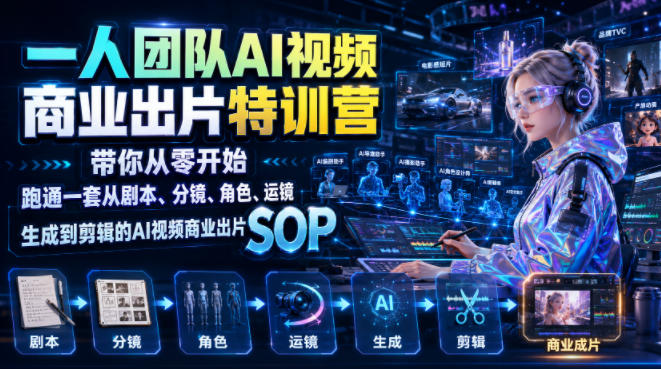 一人团队AI视频商业出片实战课：带你从零开始跑通一套从剧本、分镜、角色、运镜、生成到剪辑的AI视频商业出片SOP-智云网