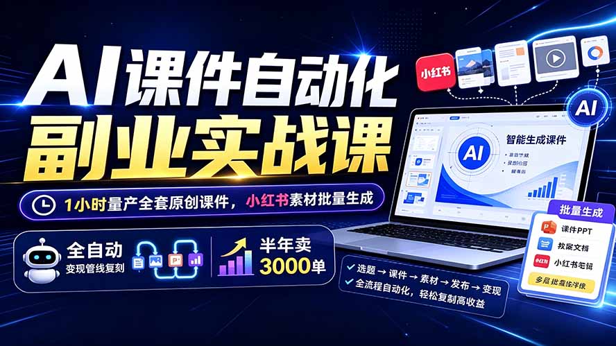 AI课件自动化副业实战课：1小时量产全套原创课件×小红书素材批量生成×全自动变现管线×半年卖3000单-智云网