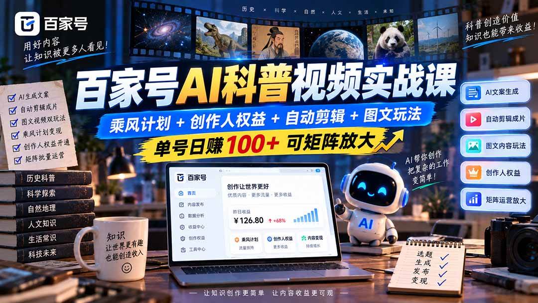 （20579期）百家号AI科普视频实战课：乘风计划+创作人权益+自动剪辑+图文玩法，单号日赚100+可矩阵放大-智云网