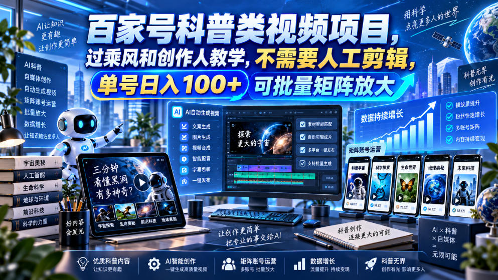 百家号科普类视频项目，过乘风和创作人教学，不需要人工剪辑，单号日入100+可批量矩阵放大-智云网