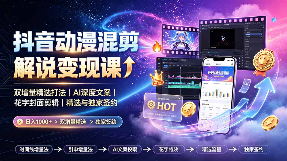 抖音动漫混剪解说变现课：双增量精选打法｜AI深度文案｜花字封面剪辑｜ 精选与独家签约日入1000+-智云网