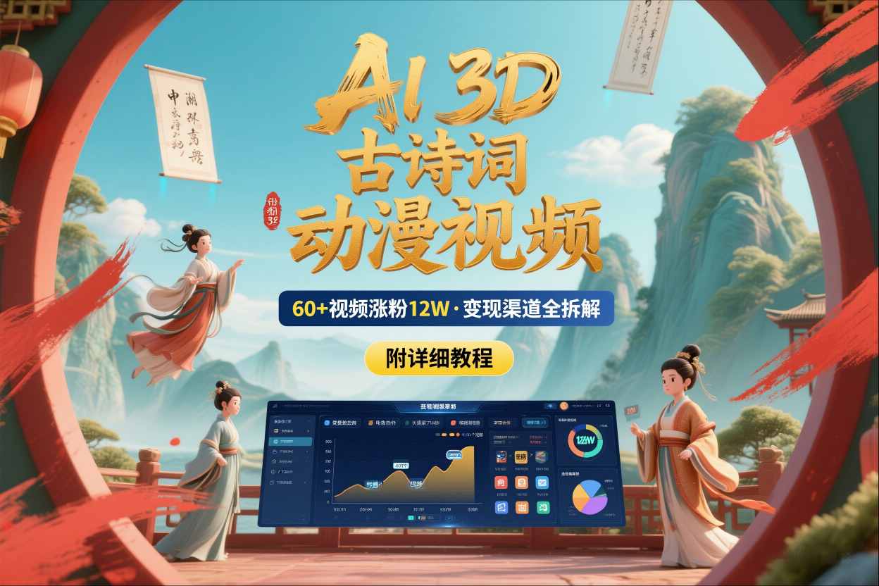 AI制作3D古诗词动漫视频,60多个视频涨粉12W,多个变现渠道拆解【附详细教程】-智云网