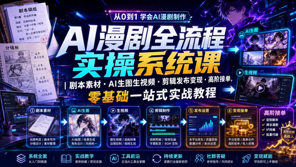 AI漫剧全流程实操系统课｜剧本素材・AI生图生视频・剪辑发布变现・高阶接单，零基础一站式实战教程-智云网