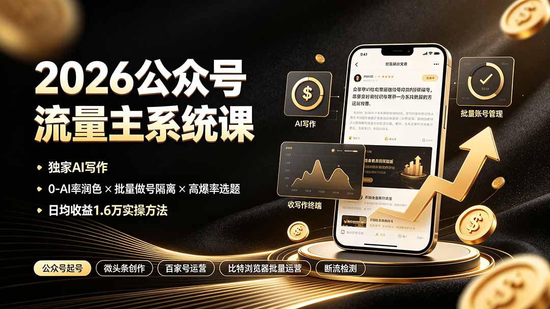 2026公众号流量主系统课:独家AI写作×0-AI率润色×批量做号隔离×高爆率选题,日均收益1.6万实操方法-智云网