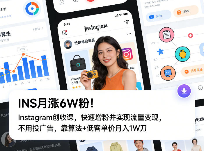 INS月涨6W粉！Instagram创收课，快速增粉并实现流量变现，不用用投广告，靠算法+低客单价月入1W刀