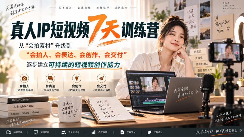 真人IP短视频7天训练营,从“会拍素材”升级到“会拍人、会表达、会创作、会交付”,逐步建立可持续的短视频创作能力-智云网