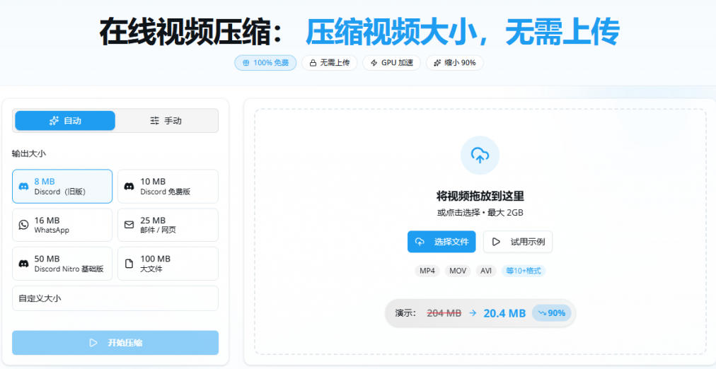 100%免费的在线视频压缩工具，GPU加速！视频压缩，无需上传，隐私保护，超级便捷Videocompressors