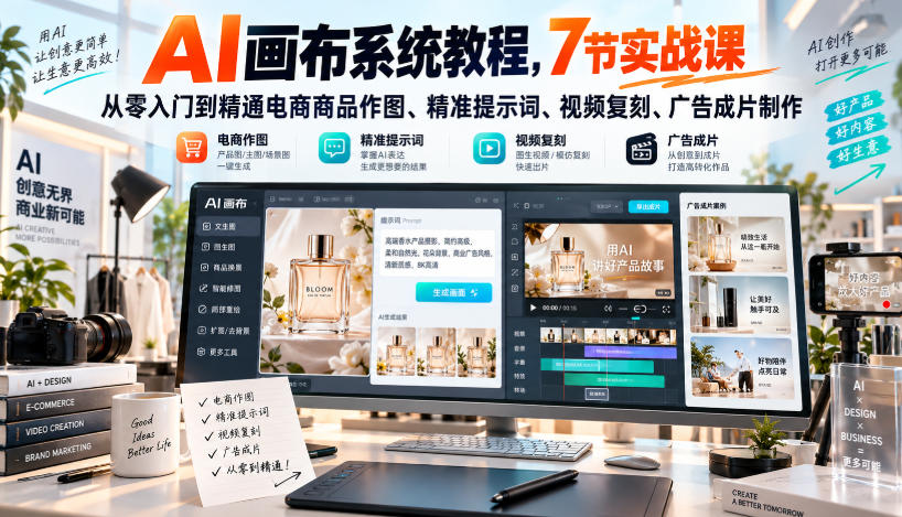 AI画布系统教程，7节实战课从零入门到精通电商商品作图、精准提示词、视频复刻、广告成片制作-智云网