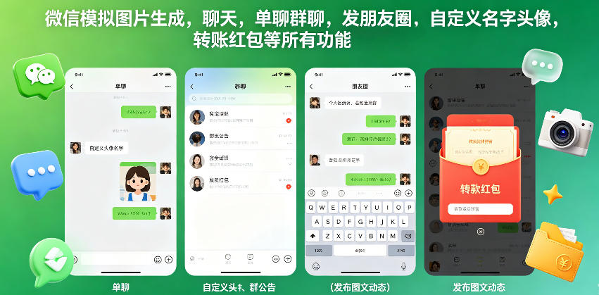 微信模拟图片生成，聊天，单聊群聊，发朋友圈，自定义名字头像，转账红包等所有功能都可以生成-智云网