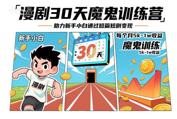 漫剧30天魔鬼训练营，助力新手小白通过短篇短剧变现，每个月5k-1w收益