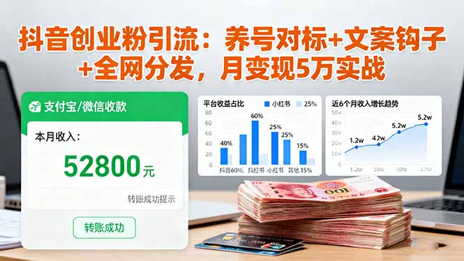 抖音创业粉引流：养号对标+文案钩子+全网分发，月变现5万实战-智云网